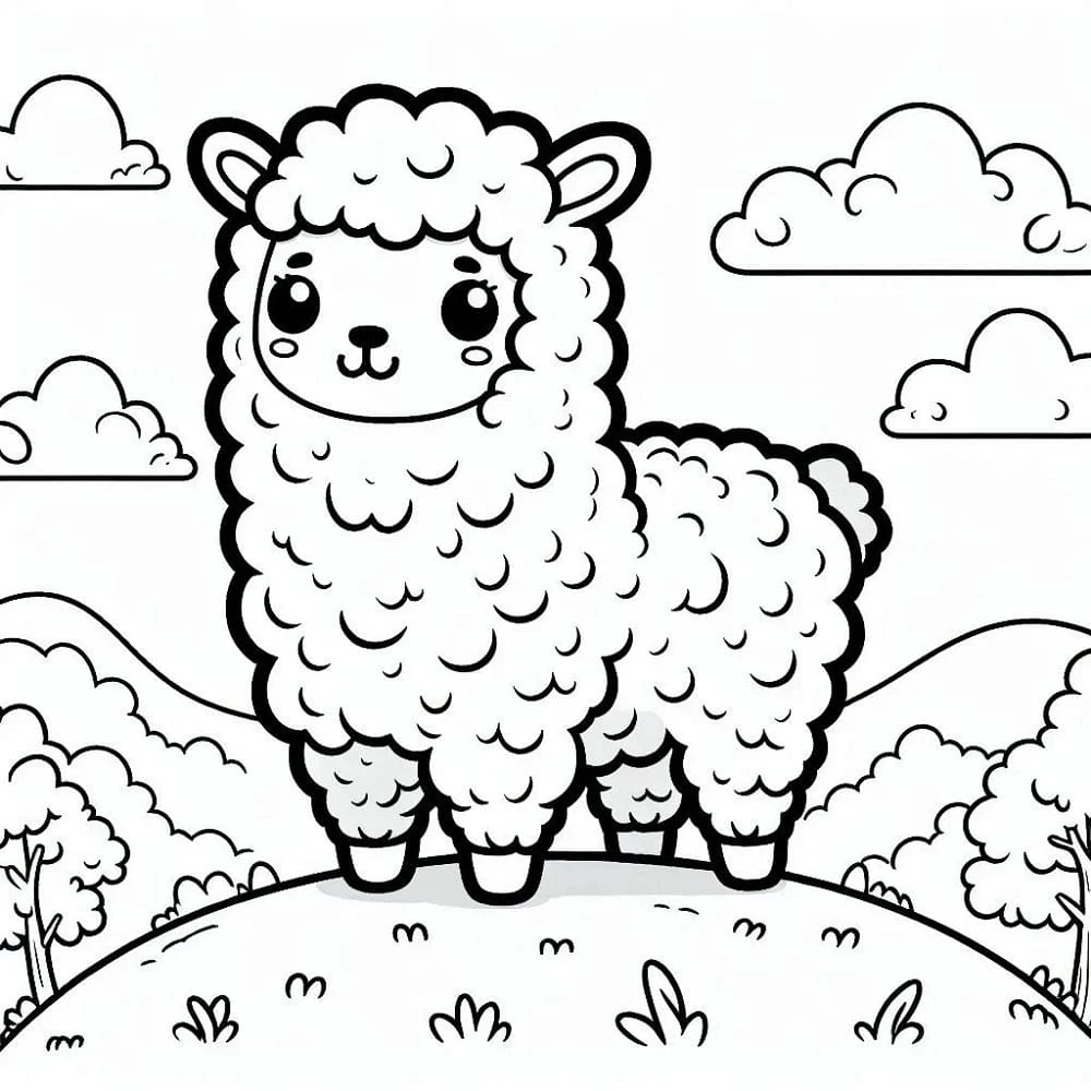 Alpaca standing on a grassy hill coloring page
