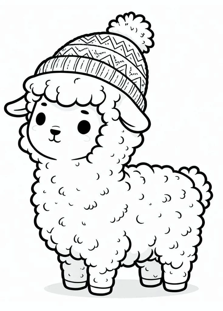 Alpaca wearing a knitted hat coloring page