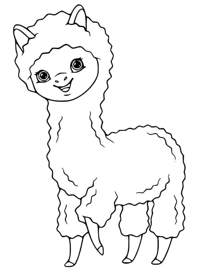 Alpaca smiling with fluffy fur coloring page