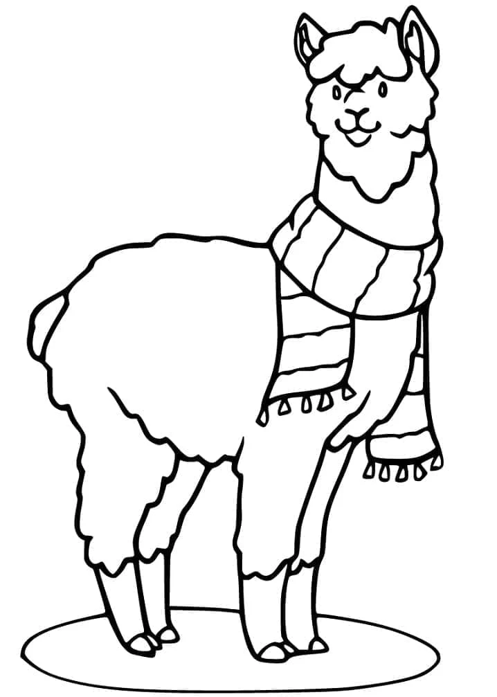 Alpaca wearing a striped scarf coloring page