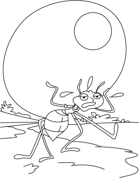Ant carrying a giant nut coloring page