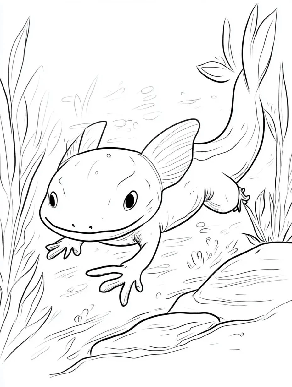 Axolotl swimming near underwater plants coloring page