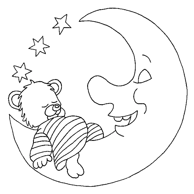 Bear sleeping on a crescent moon coloring page