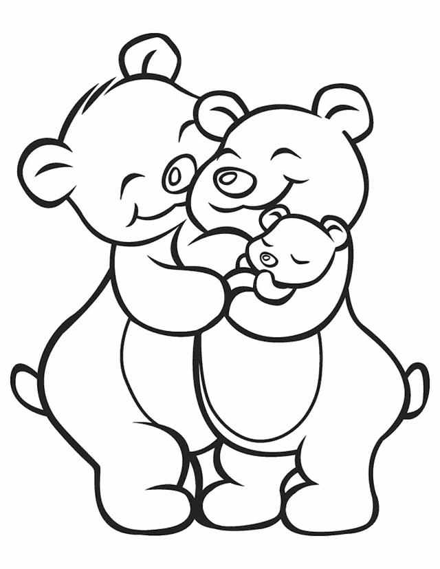 Bear family hugging together coloring page