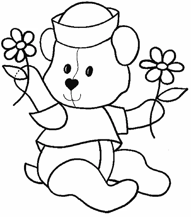 Bear wearing a sailor hat holding flowers coloring page
