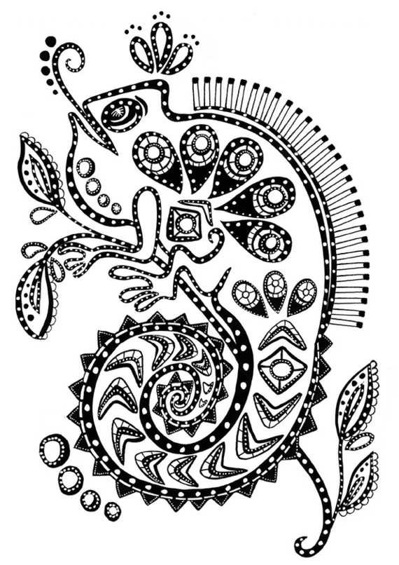 Chameleon covered in intricate patterns coloring page