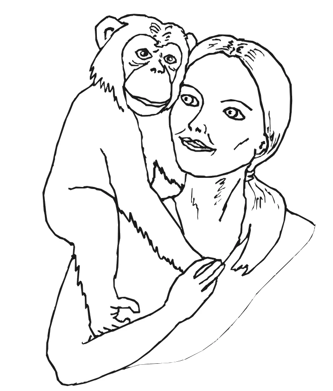 Chimpanzee resting on a woman's shoulder coloring page