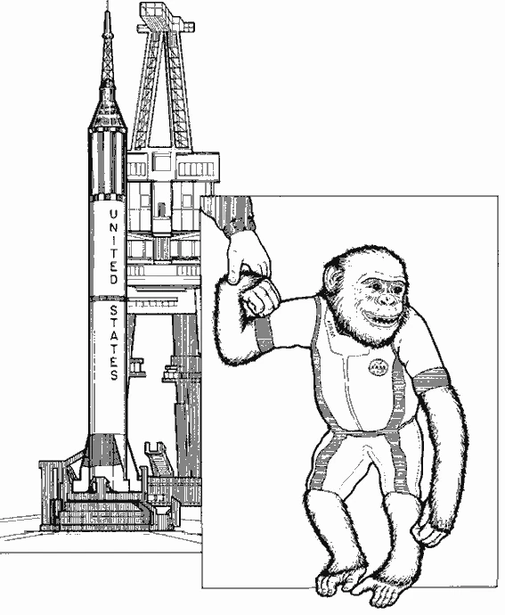 Chimpanzee Ham in a space suit near a rocket coloring page