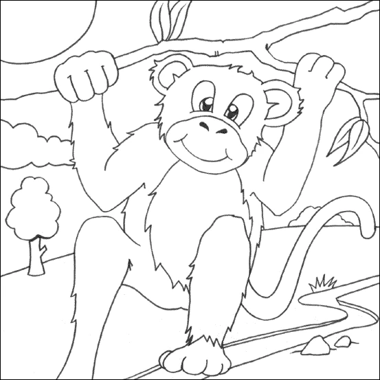 Chimpanzee hanging from a tree branch coloring page