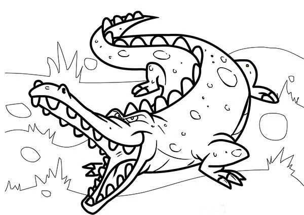 Crocodile with sharp teeth and curled tail coloring page