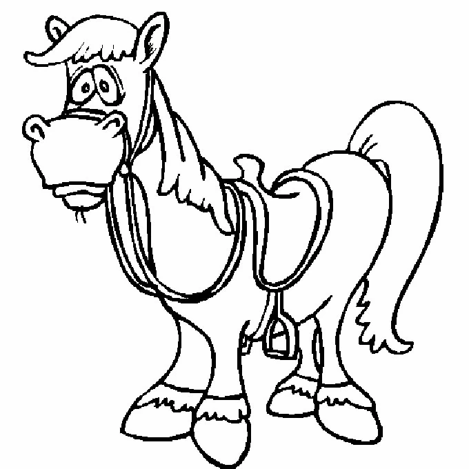 Cartoon horse wearing a saddle coloring page