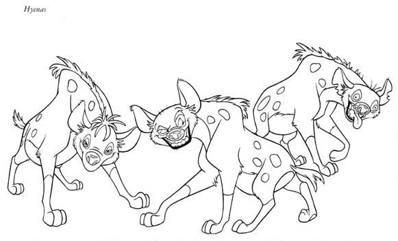 Hyena trio walking together coloring page