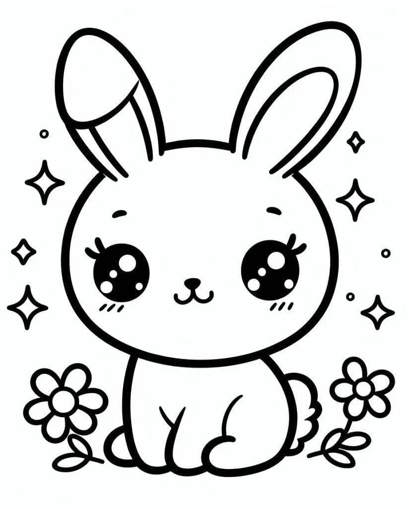 Kawaii Rabbit sitting among flowers coloring page