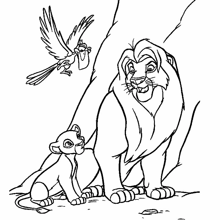 Lion Mufasa with Simba and Zazu coloring page
