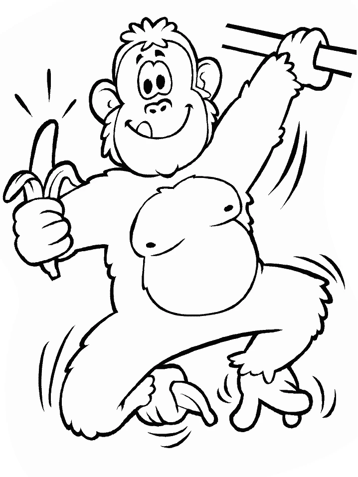 Monkey swinging from a branch with a banana coloring page