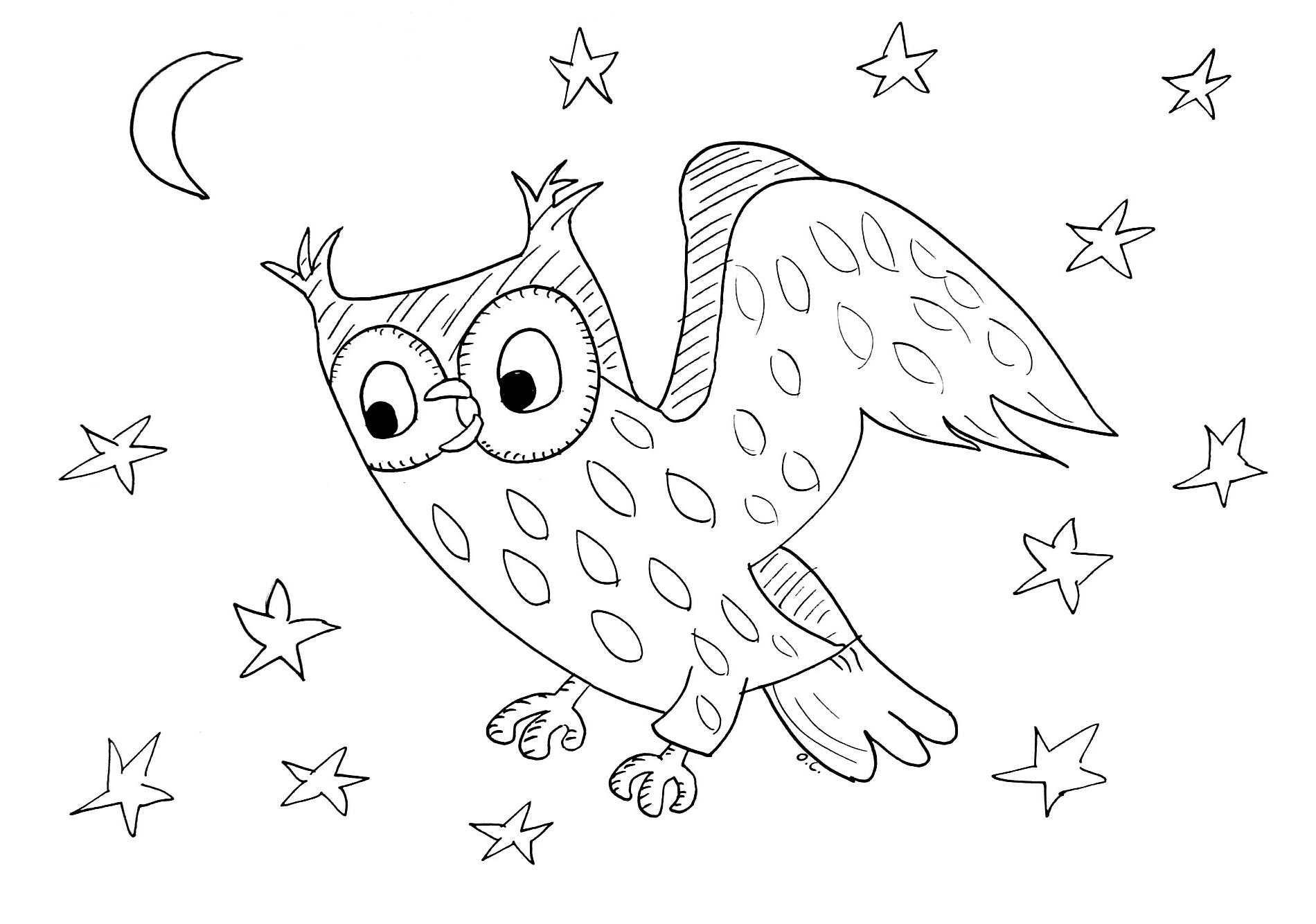 Owl flying under the moon and stars coloring page