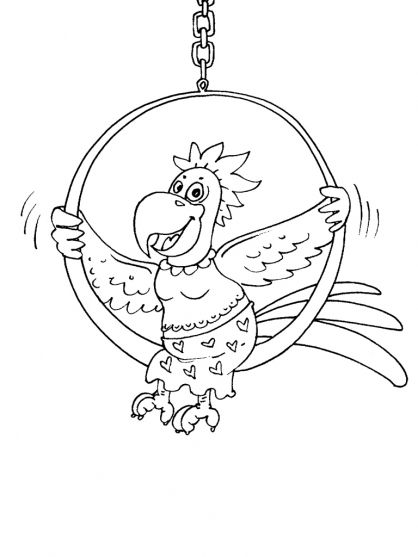 Parrot swinging on a hanging ring coloring page