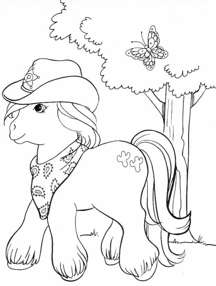 Pony wearing a cowboy hat near a tree coloring page