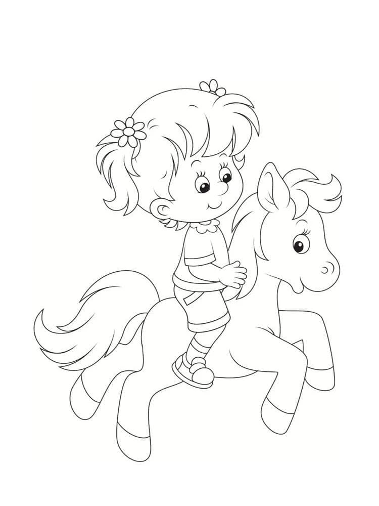Pretty girl riding a pony coloring page