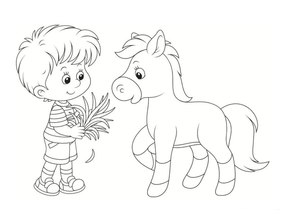 Boy and pony with flowers coloring page