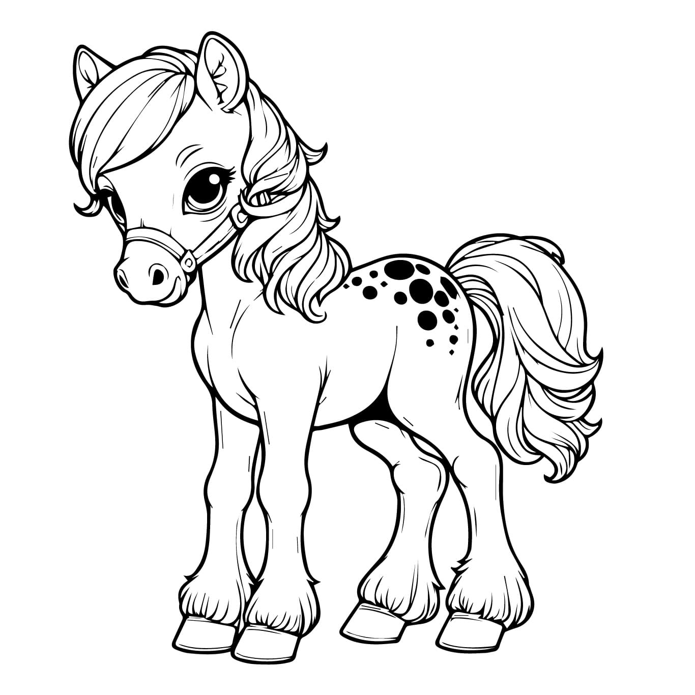 Pony standing with flowing mane and tail coloring page