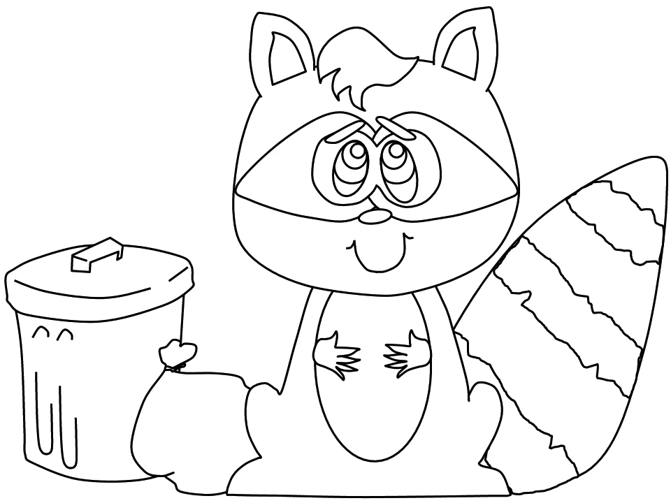 Raccoon sitting next to a trash can coloring page