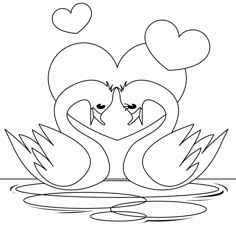 Swan couple forming a heart shape coloring page