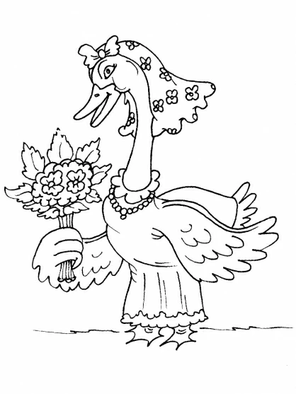 Swan dressed as a lady with a bouquet of flowers coloring page