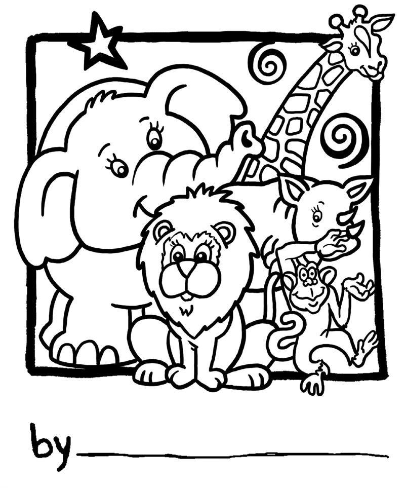 Elephant, lion, giraffe and monkey together coloring page