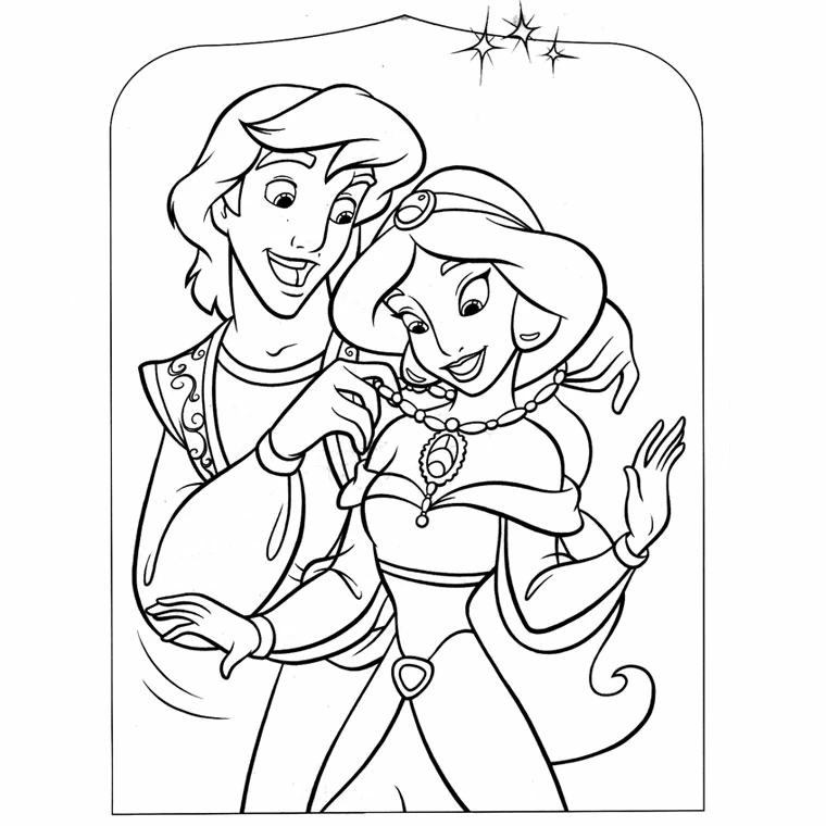 Aladdin and Jasmine smiling together coloring page