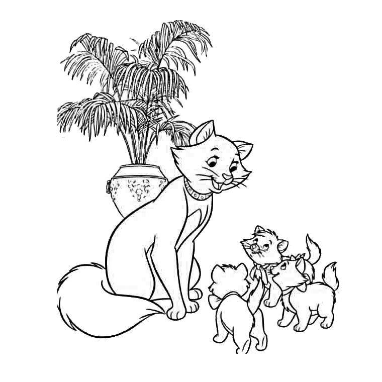 Aristocats: Duchess watching her three kittens coloring page