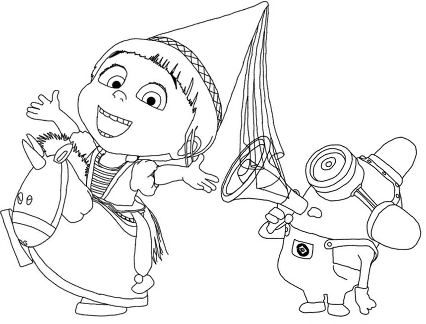 Agnes riding a hobby horse with a Minion coloring page