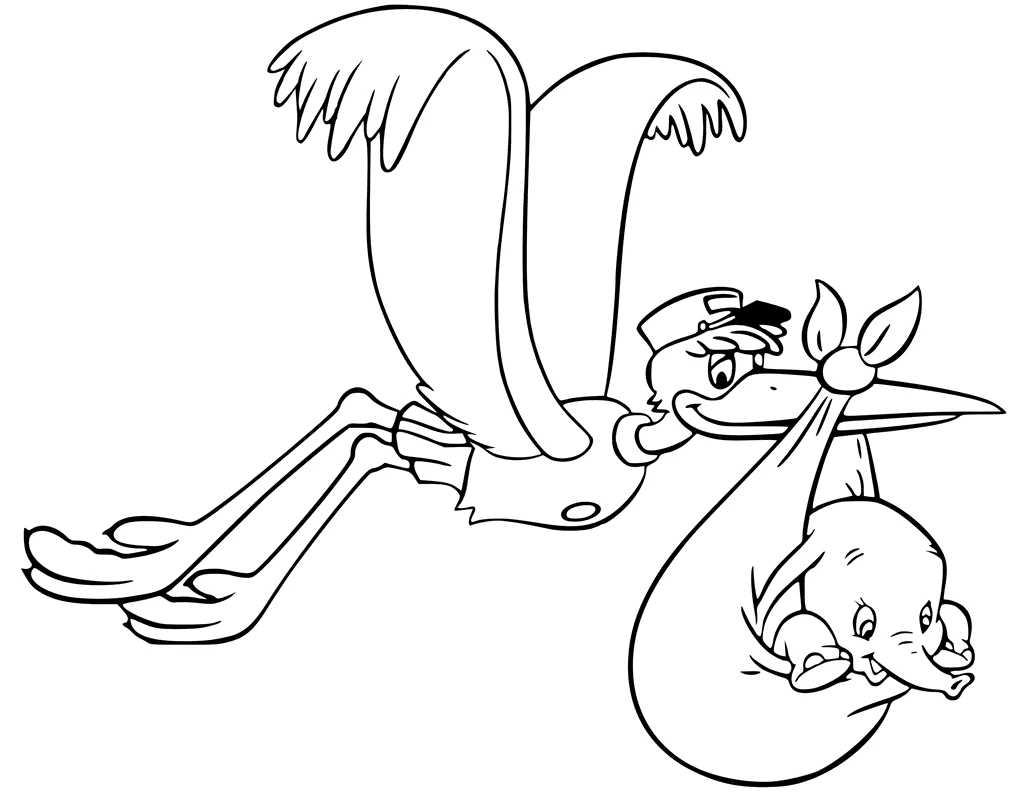 Dumbo carried by the stork in a bundle coloring page