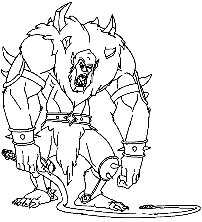 Fierce fur monster with horns roaring coloring page