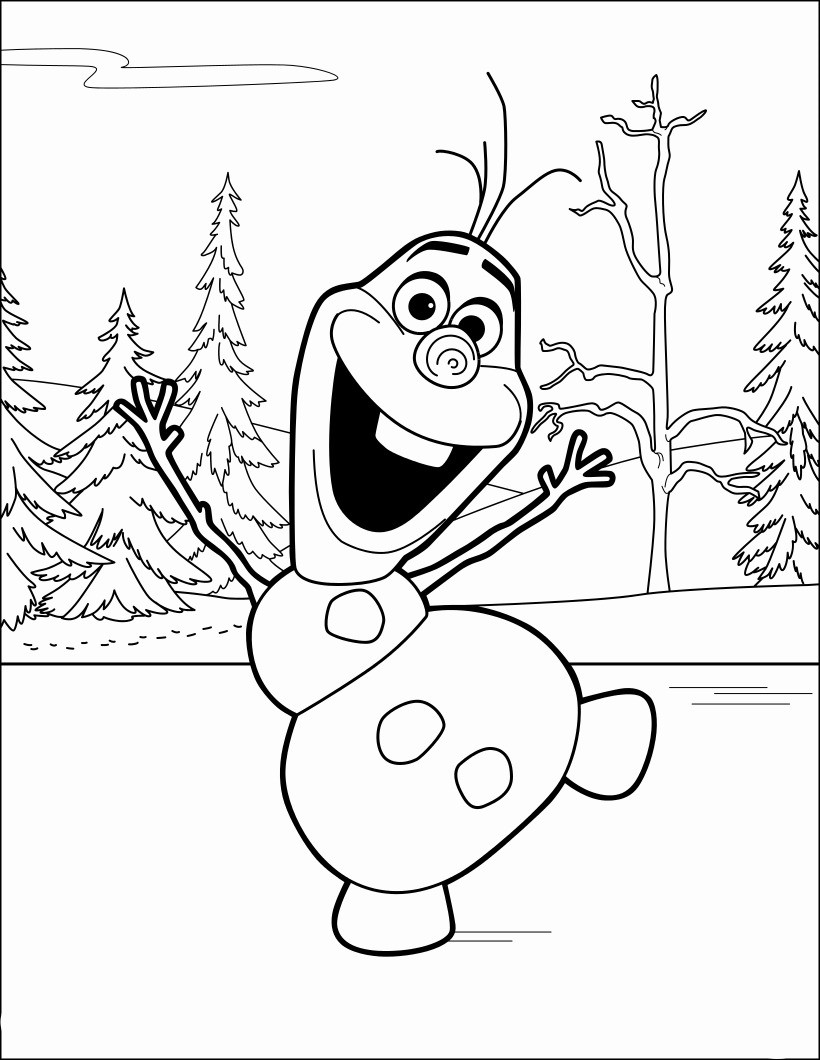 Olaf dancing joyfully in the snow coloring page