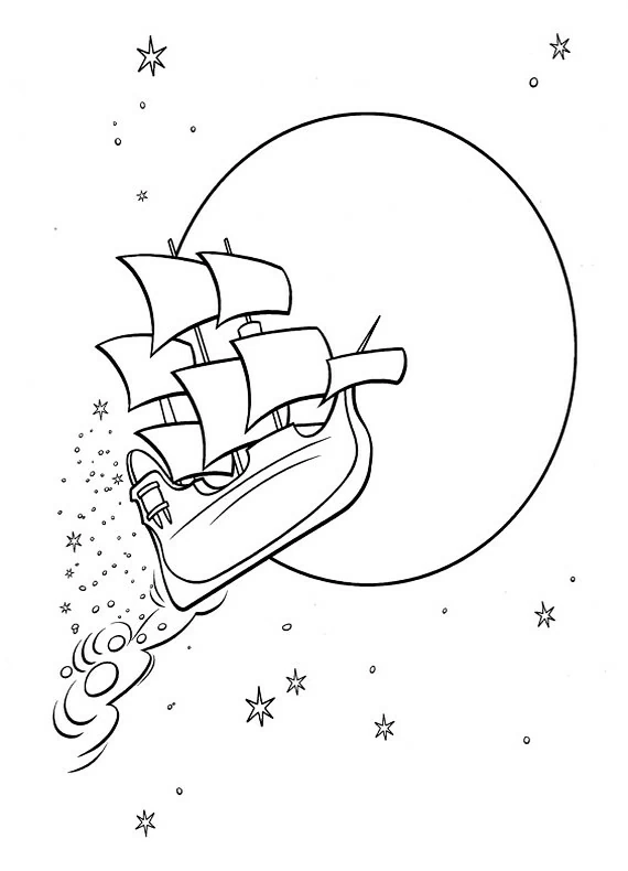 Peter Pan flying pirate ship in front of the moon coloring page Peter Pan flying pirate ship in front of the moon coloring page