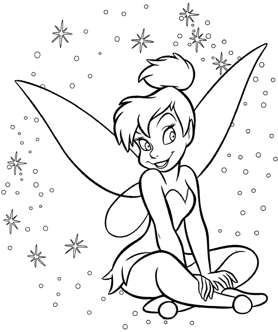 Tinker Bell sitting with sparkles around her coloring page