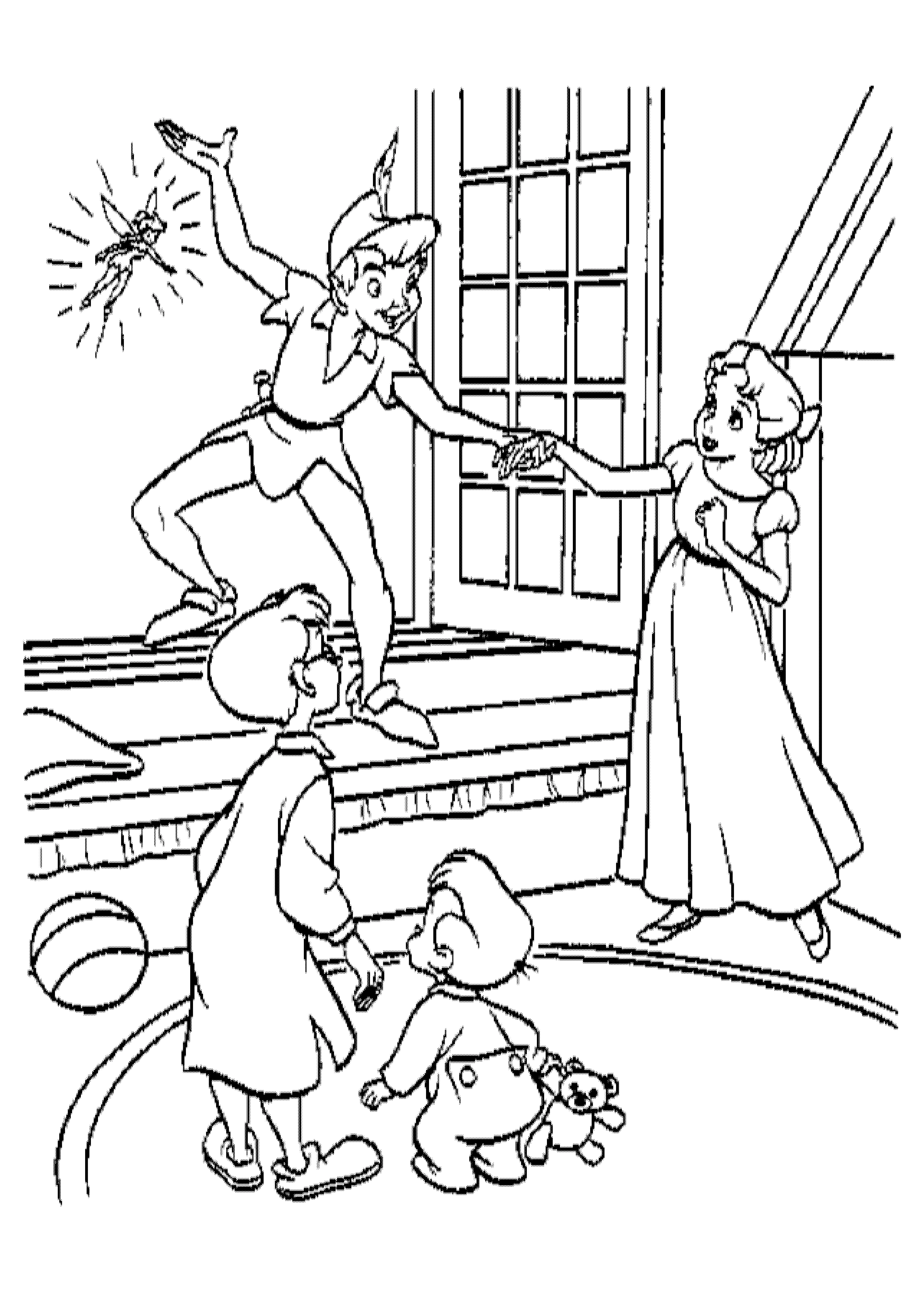 Peter Pan flying near the window with Wendy and her brothers coloring page