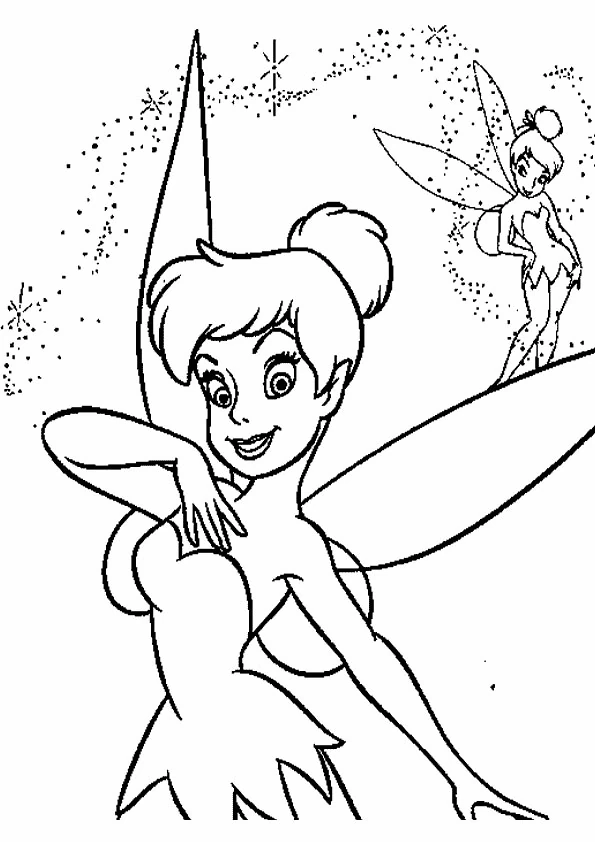 Tinkerbell up close with tiny fairy flying behind coloring page