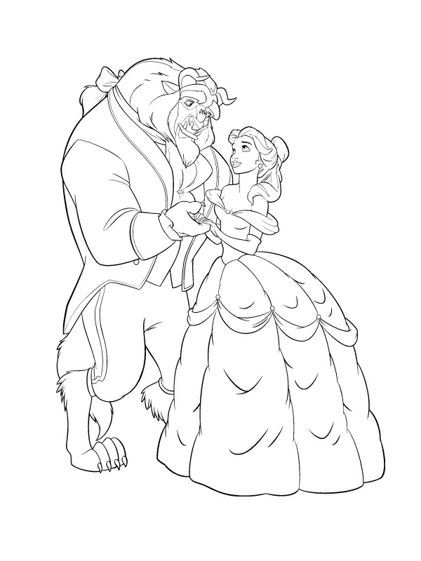 Belle and the Beast holding hands coloring page