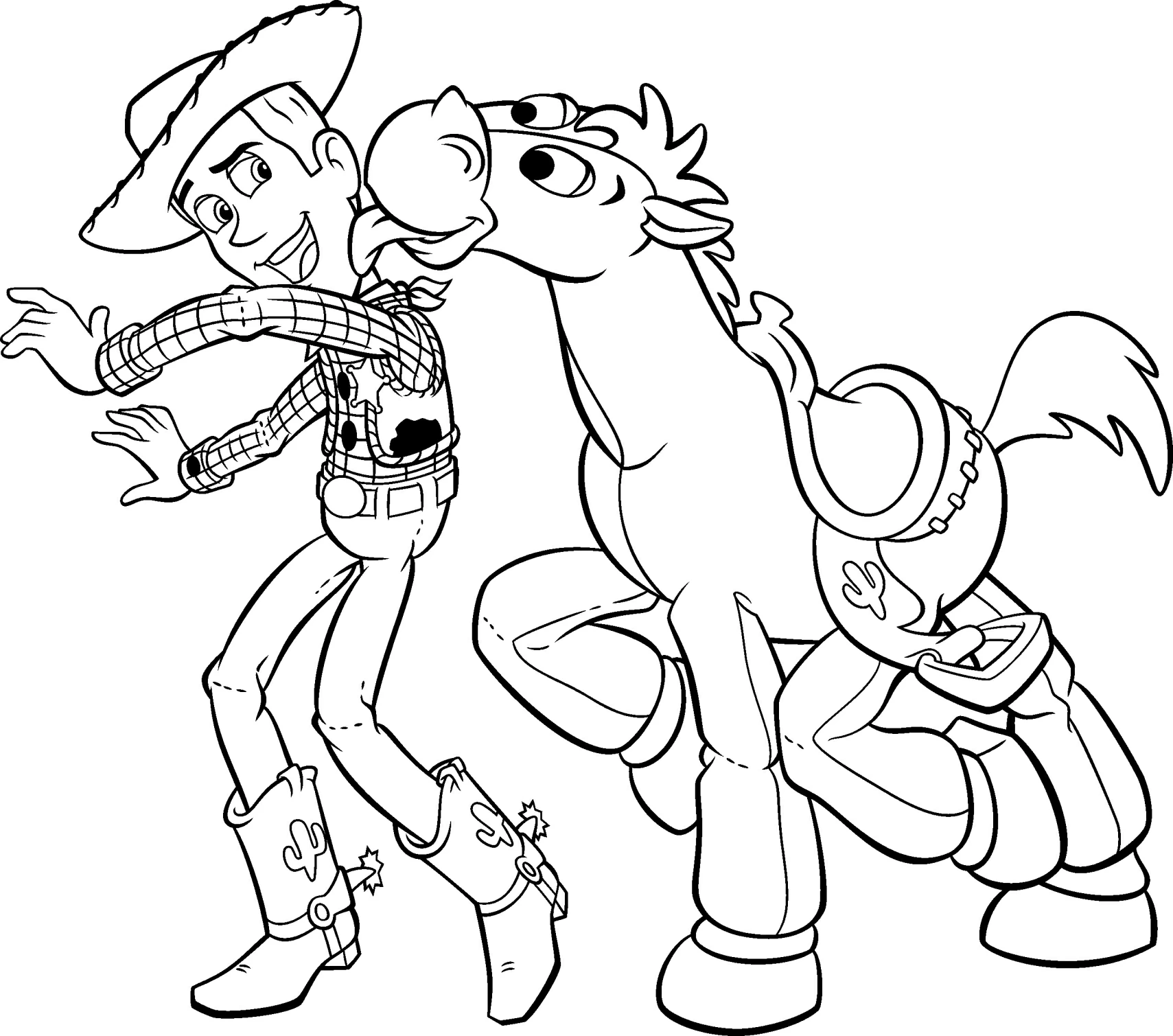 Woody being licked by Bullseye the horse coloring page