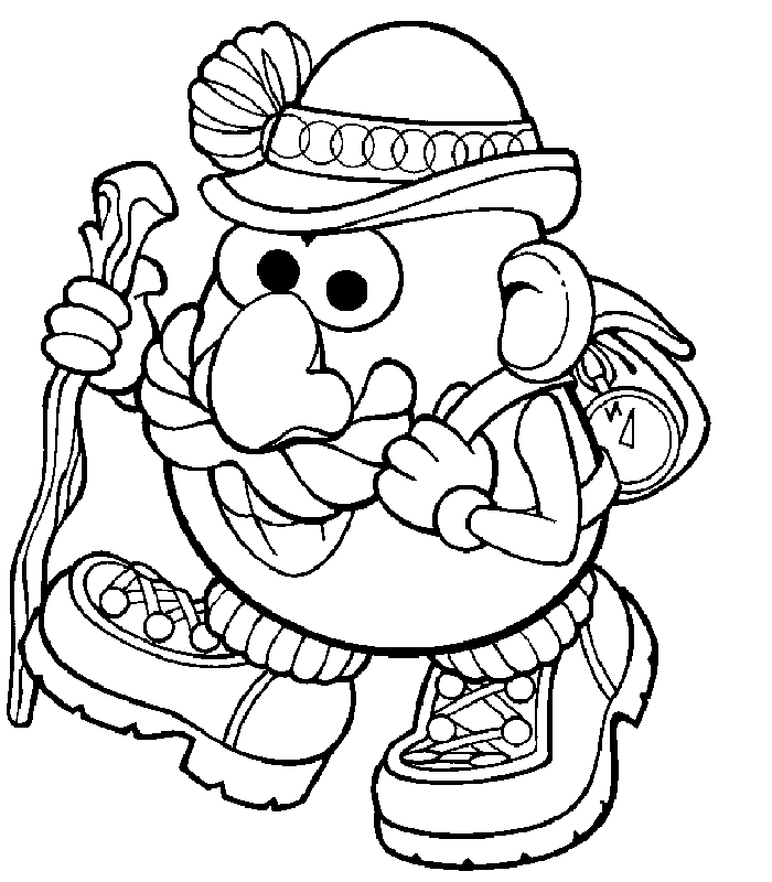 Mr. Potato Head hiking with a walking stick coloring page