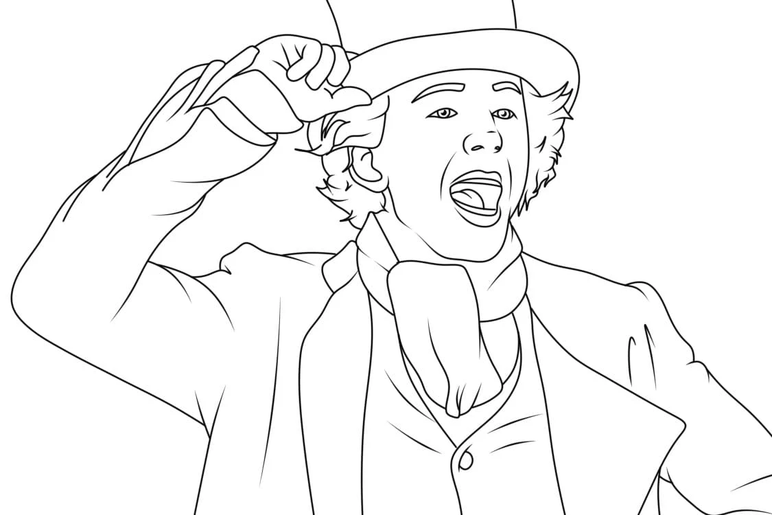 Wonka tipping his hat with a big smile coloring page