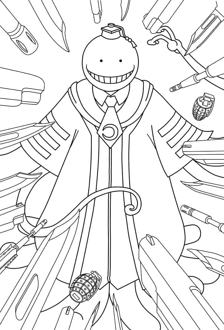 Koro Sensei surrounded by weapons coloring page