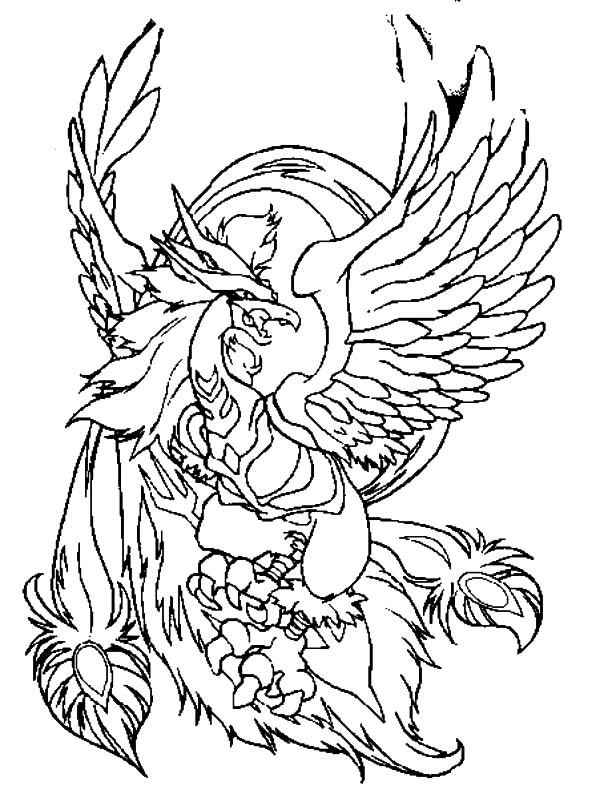Phoenix-like creature spirit with spread wings coloring page