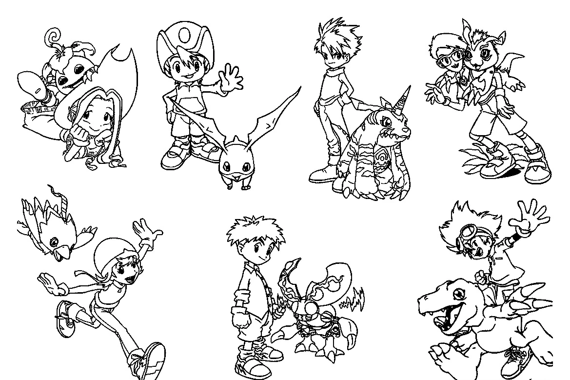 Digimon children with their partner Digimon coloring page Digimon children with their partner Digimon coloring page