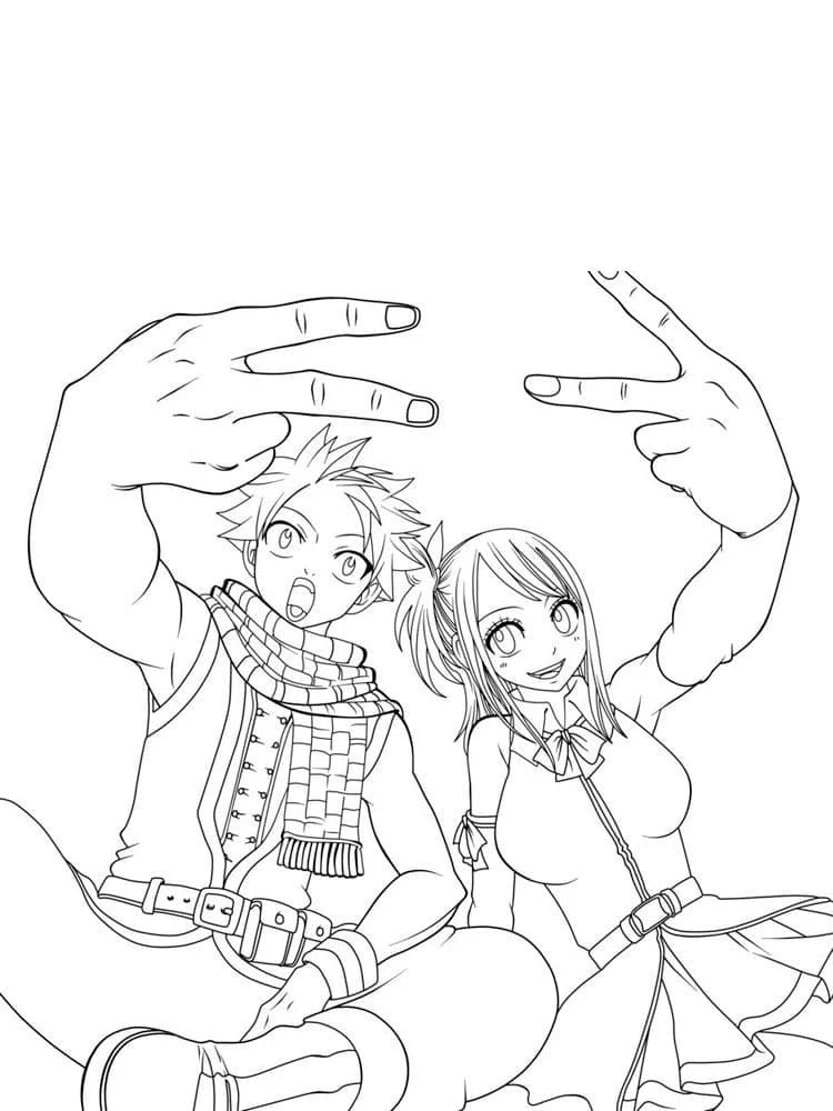 Natsu and Lucy with giant hands framing them coloring page