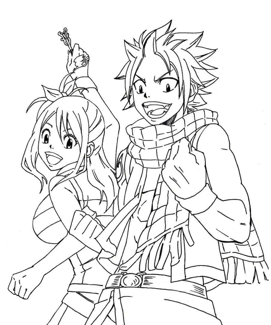 Natsu and Lucy striking a pose coloring page
