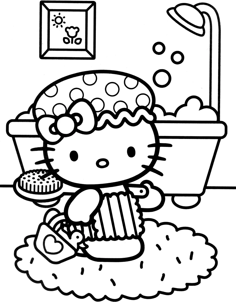Hello Kitty taking a bubble bath coloring page