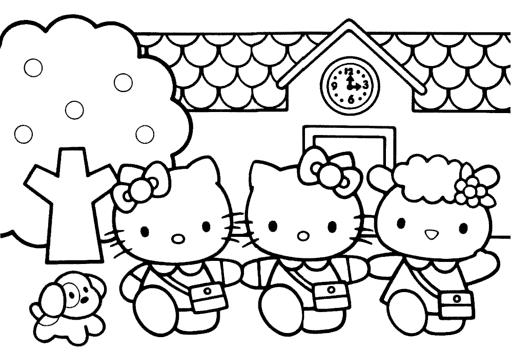 Hello Kitty and friends going to school coloring page